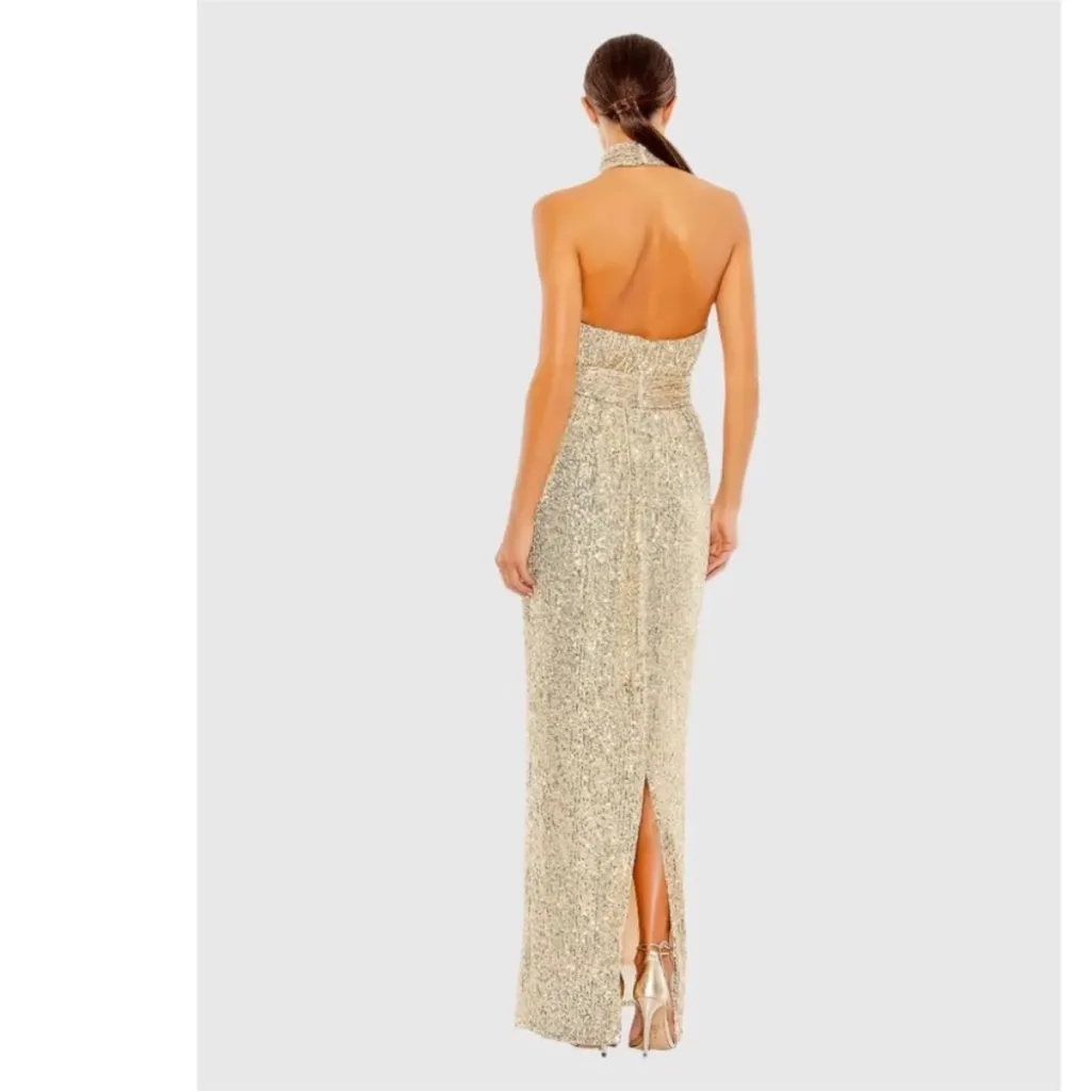 NWT Ieena for Mac Duggal Sequin Halter Neck Column Gown with Tie Belt - size 0 - Image 2