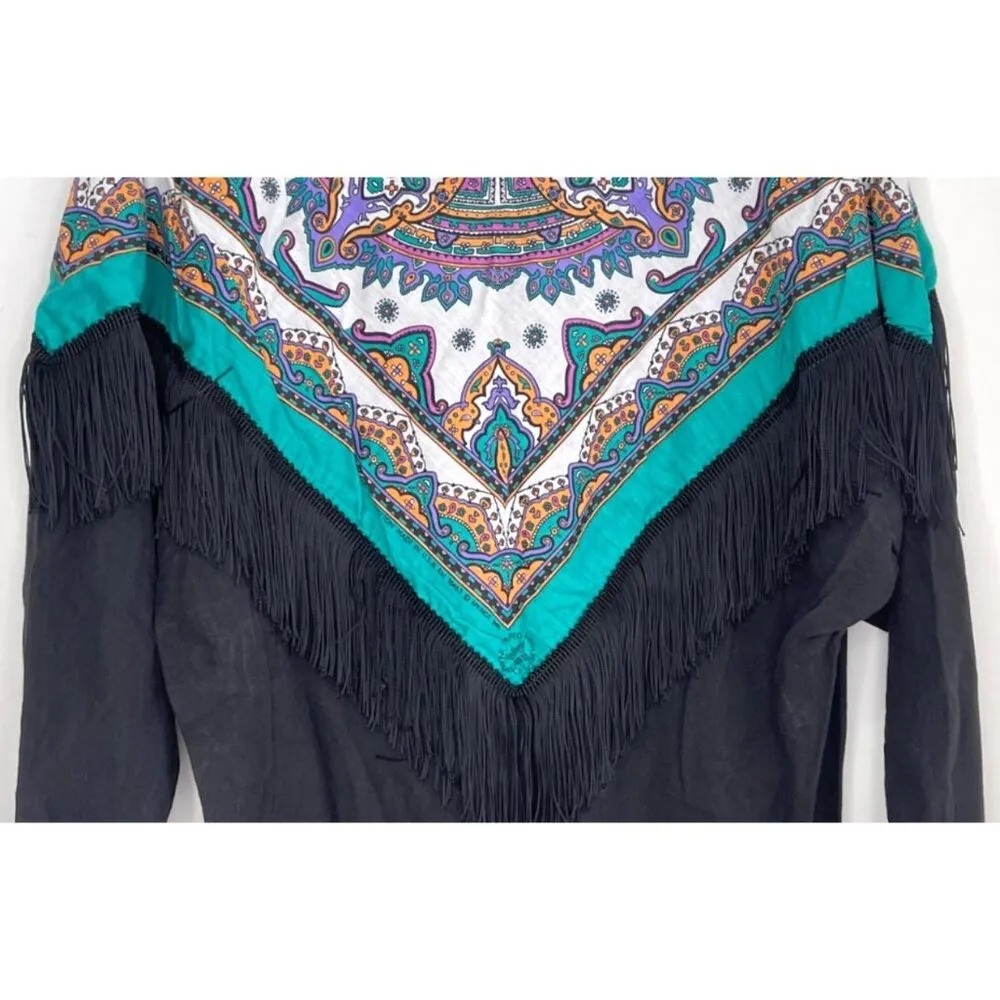 Hazelwood Southwestern Fashion Handkerchief Fringe LS Top Size L Vtg 70s USA Cow Black Size L - Image 7