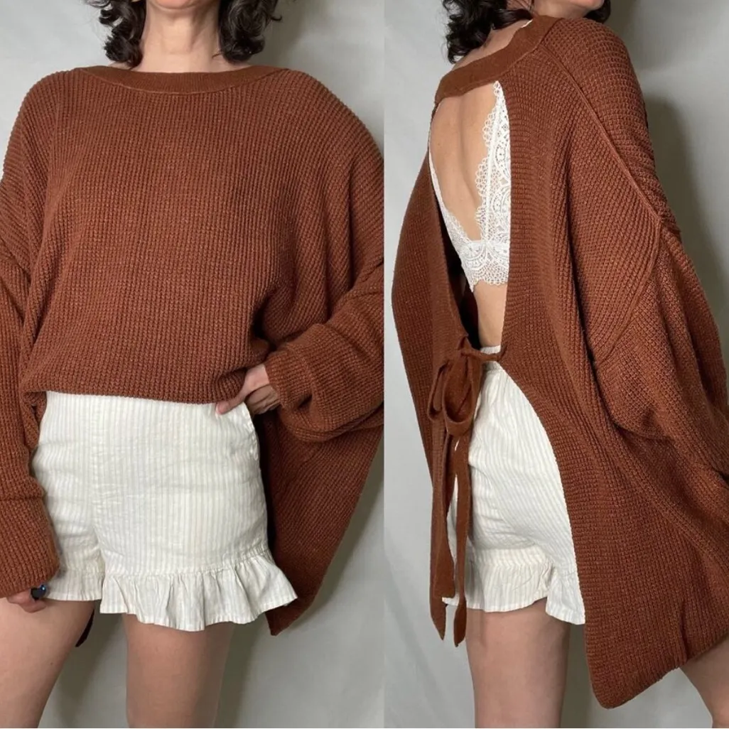 Free People FP Beach Cali open tie back sweater waffle brown knit long sleeve XS - Image 2