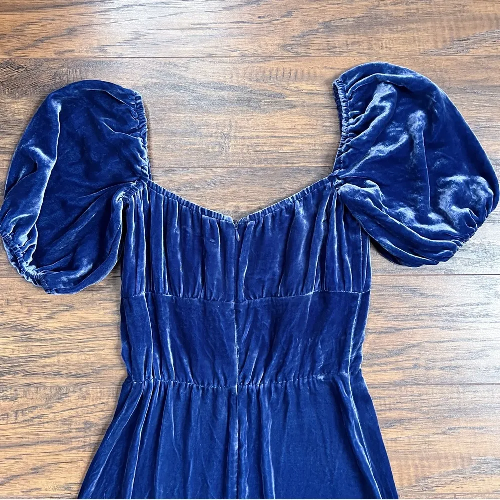 Reformation • Suzanne Dress blue silk velvet Danube midi puff sleeve ruffle hem - Image 13