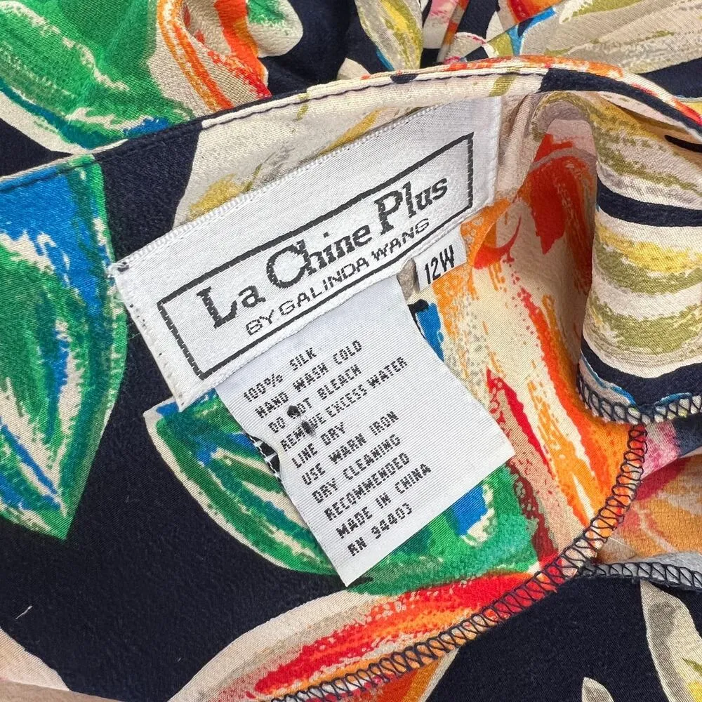 La Chine Plus Silk Shirt Dress Blue Tropical Floral Size 12W Short Sleeve Button - Image 5