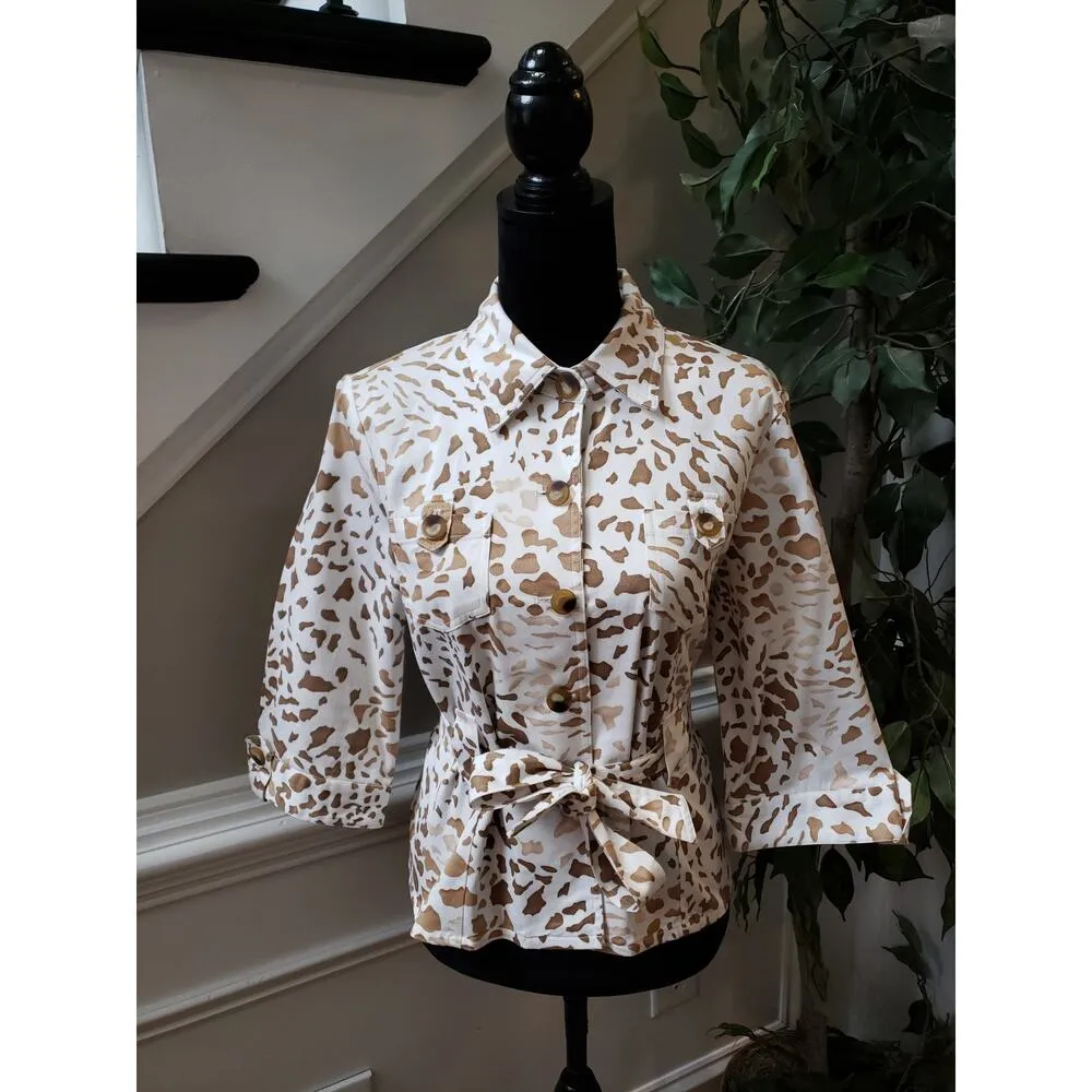 Carole Little Women's Size 14p White/Brown Jacket Tie Belt Pockets Animal Print Brown - Image 2