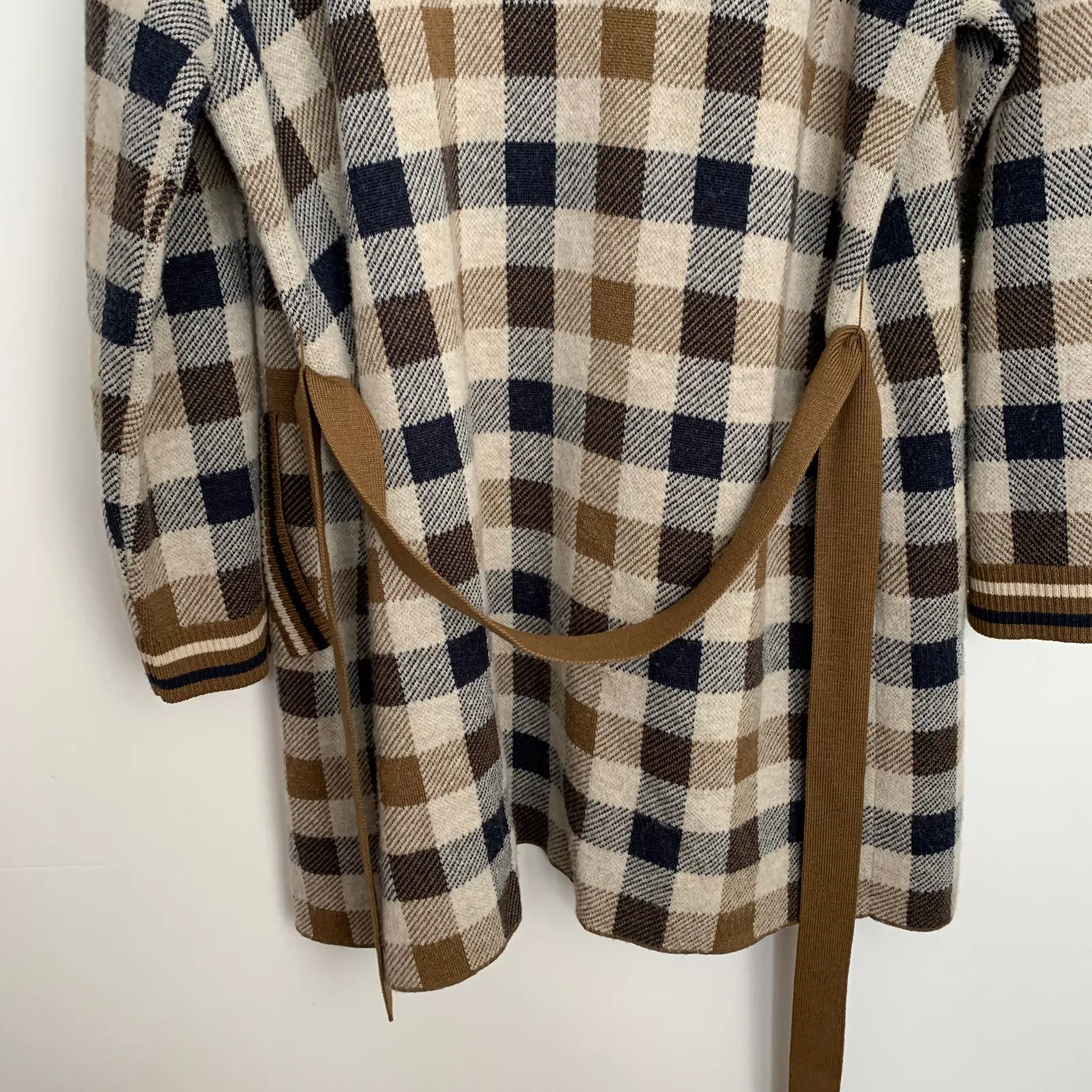 Weekend Max Mara Lavagna Belted Plaid Cardigan Longline Caramel Large Brown - Image 5