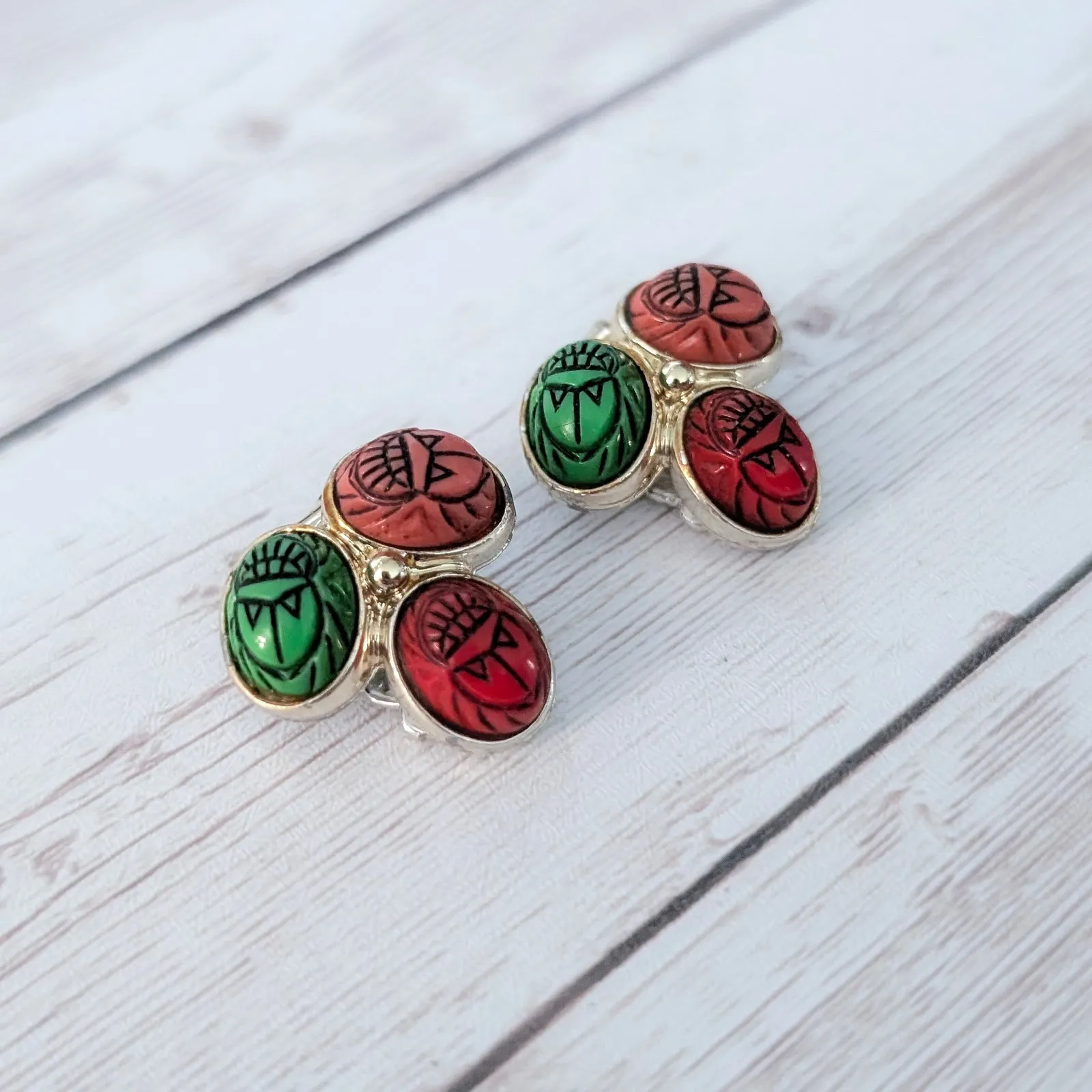 Vintage Clip On Earrings 1960s Etruscan Scarab Green Red Salmon Pink Lucite - Image 3