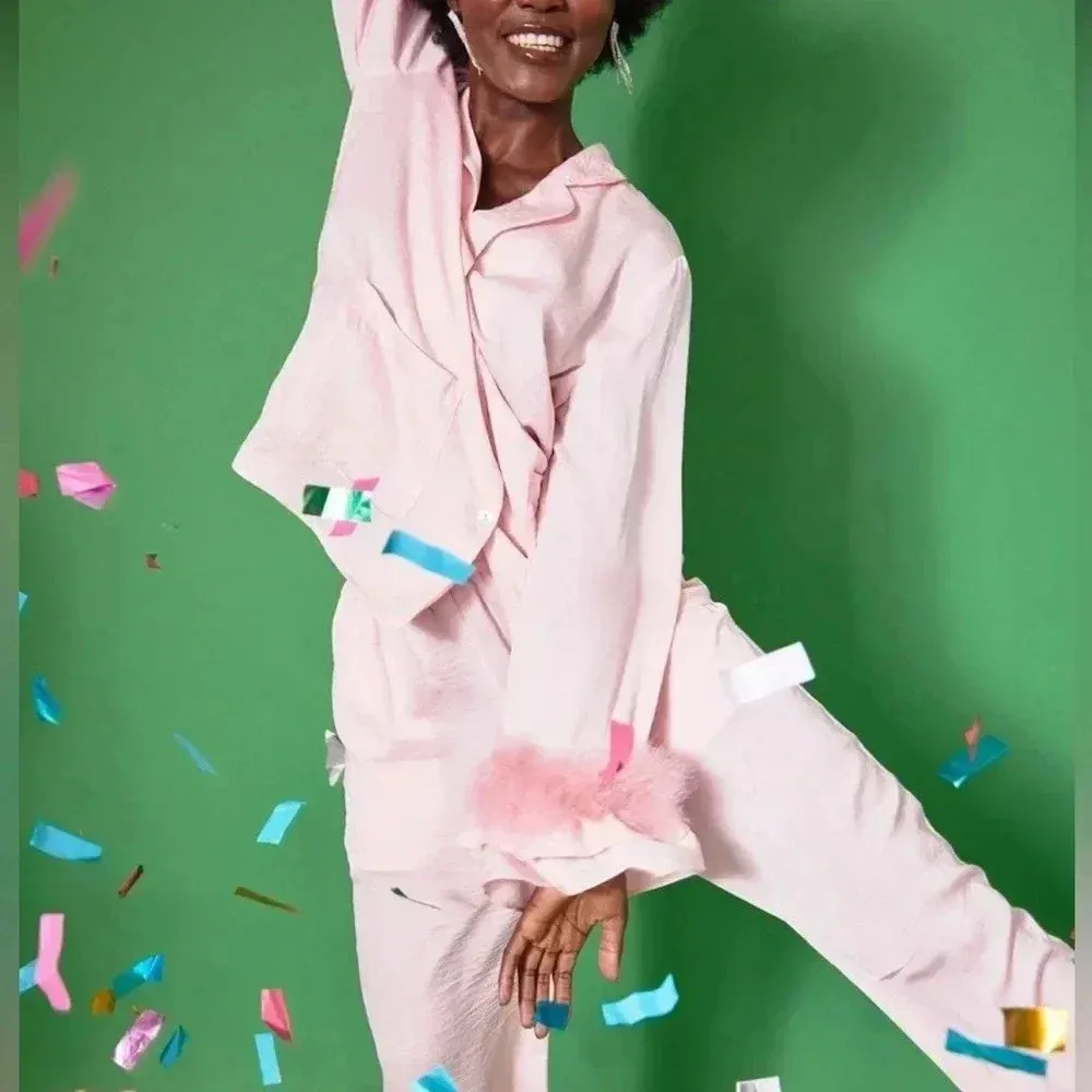 JAYLEY Pink Awilix Day to Night Feather Trim Silk Sleep Trim Long Sleeve Blouse‎ Size undefined - Image 12