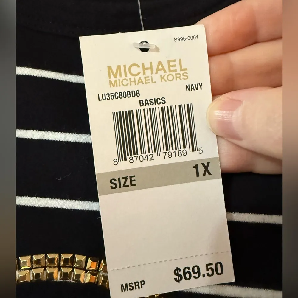 MICHAEL KORS Navy Blue Tee MK Beaded Logo Short Sleeve T-Shirt NWT Women’s 1X - Image 4