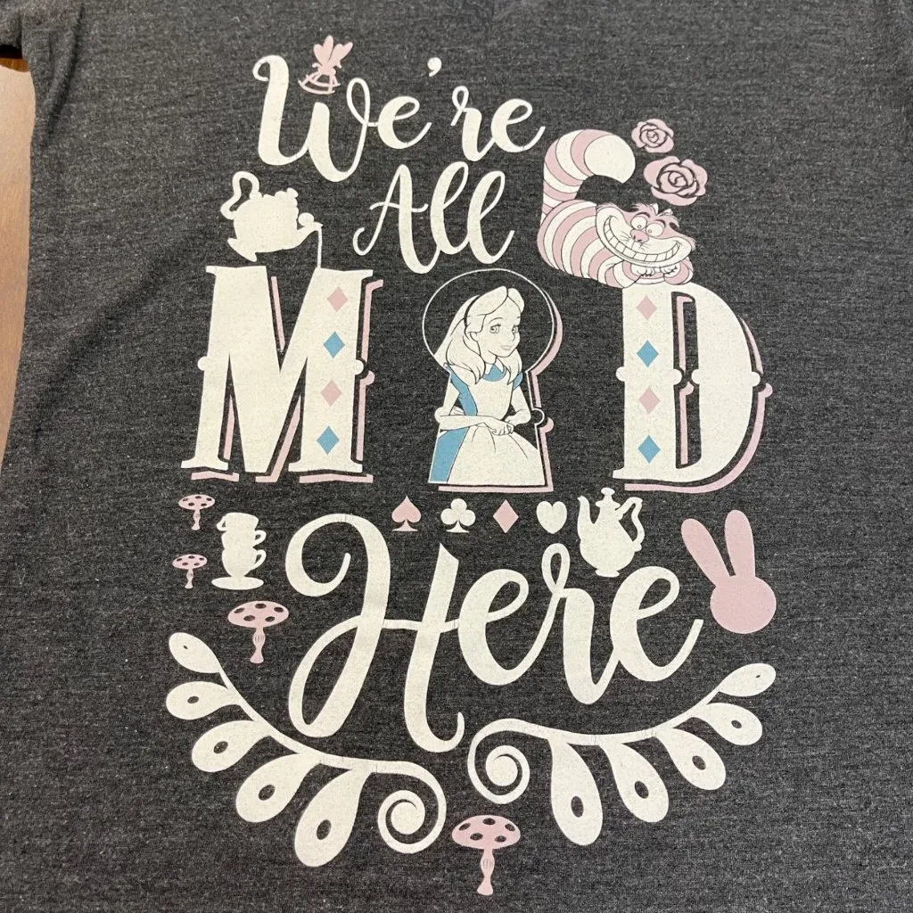 Disney V-Neck Tee JUNIORS Size Large "We're All Mad Here" Alice in Wonderland - Image 4