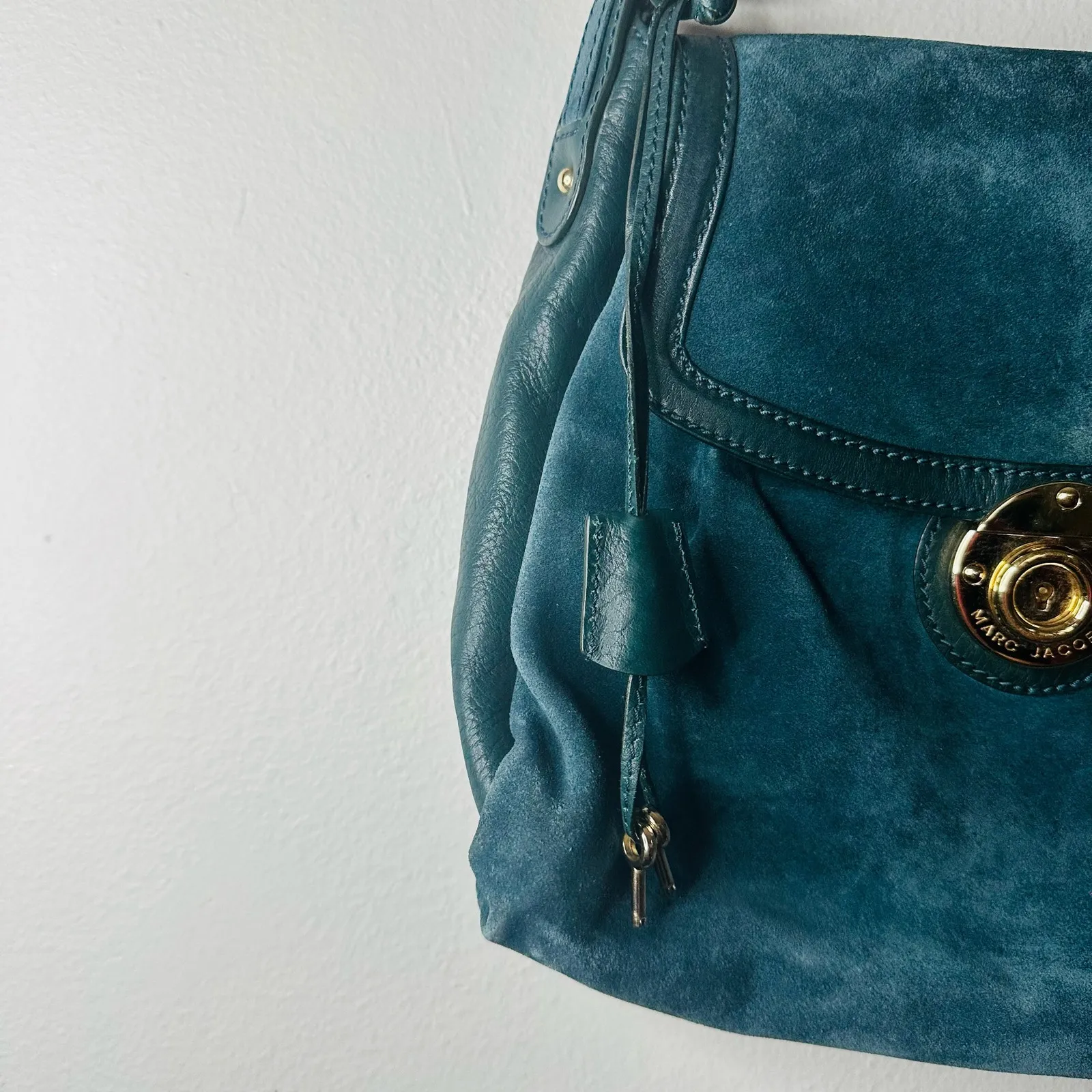 Vintage MARC JACOBS Emerald Green Suede Calf Hair Leather Handle Shoulder Bag - Image 8