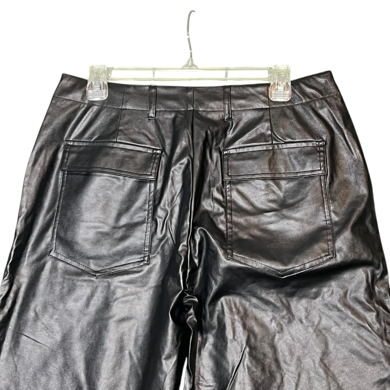 PrettyLittleThing Pants Womens 10 Black Faux Leather High Rise Wide Leg Pockets - Image 10