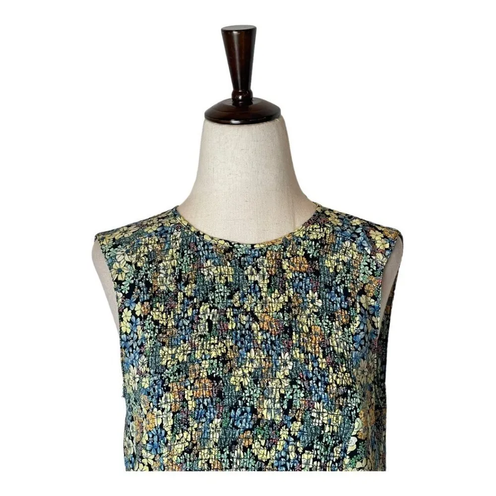 Zara Yellow And Green Floral Print Smocked‎ Bodice Keyhole Neck Blouse Size XS - Image 4