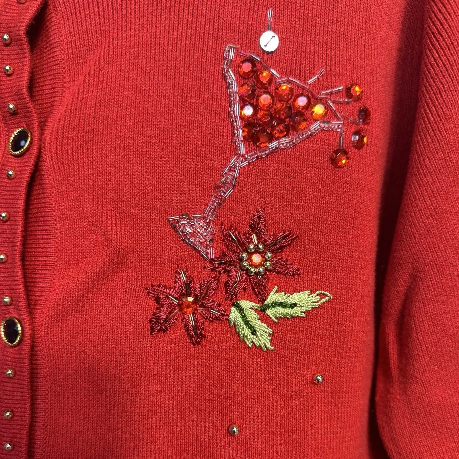 KIKIT Christmas Cardigan Size M Red Beaded Sequins Flowers Drinks Snowman Lights Size M - Image 4