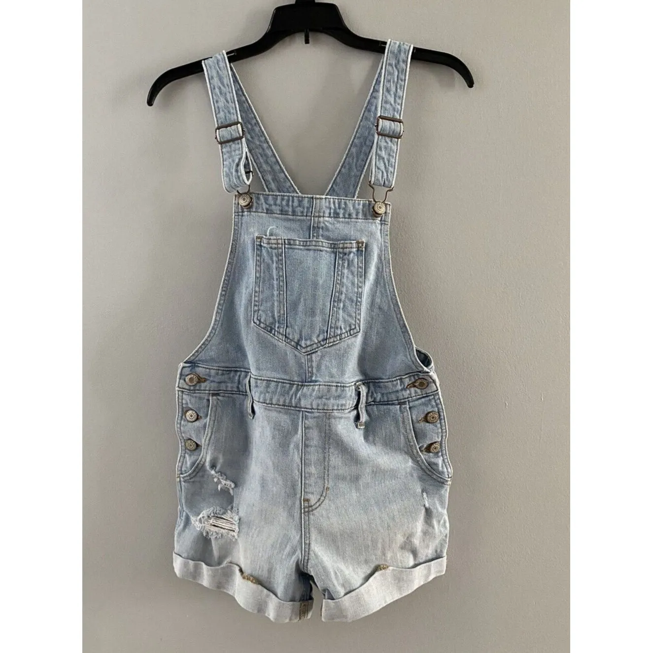 Old Navy Shortalls Womens Small Blue Shorts Bib Overalls Cuffed Distressed 30x3 - Image 3