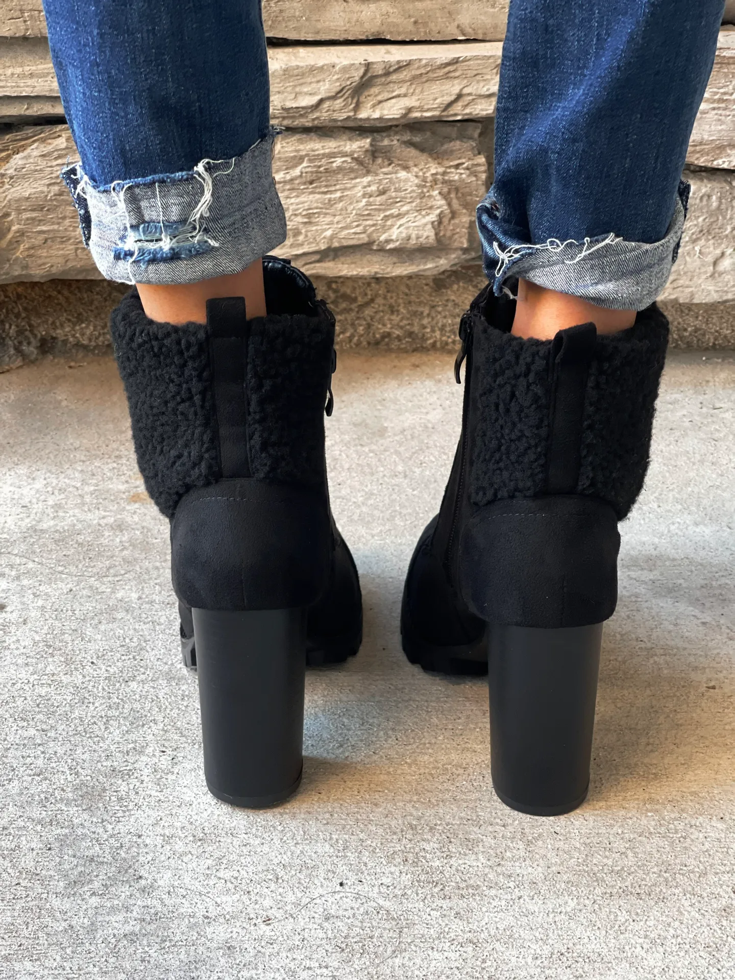 Black Fleece Lug Sole Ankle Bootie - Image 4