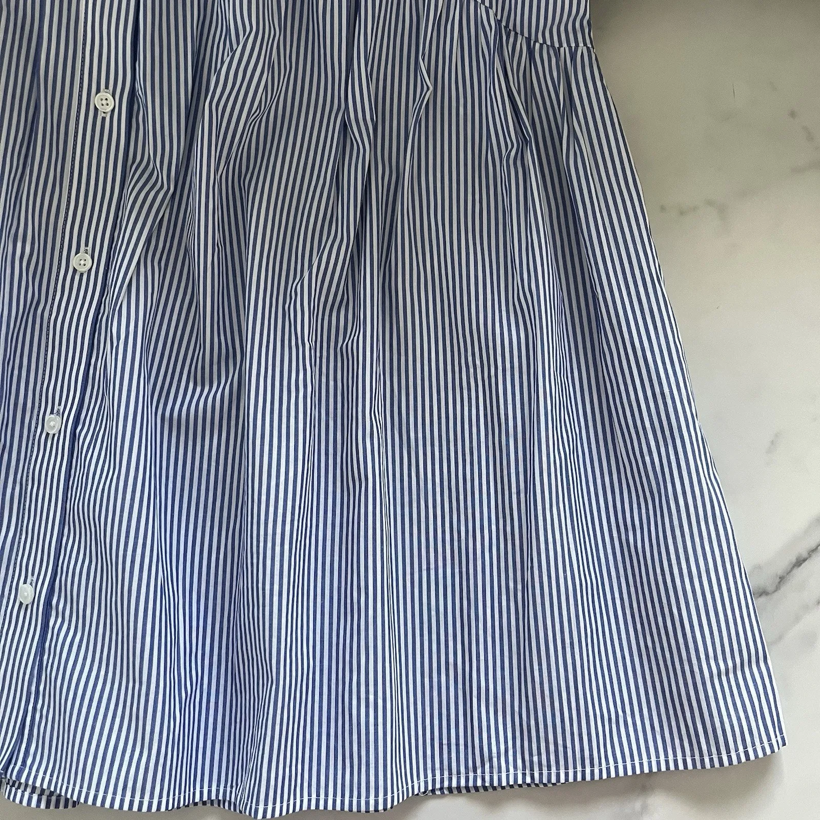 Madewell Button Front Gathered Mini Dress Striped Blue White Poplin Cotton Small - Image 11