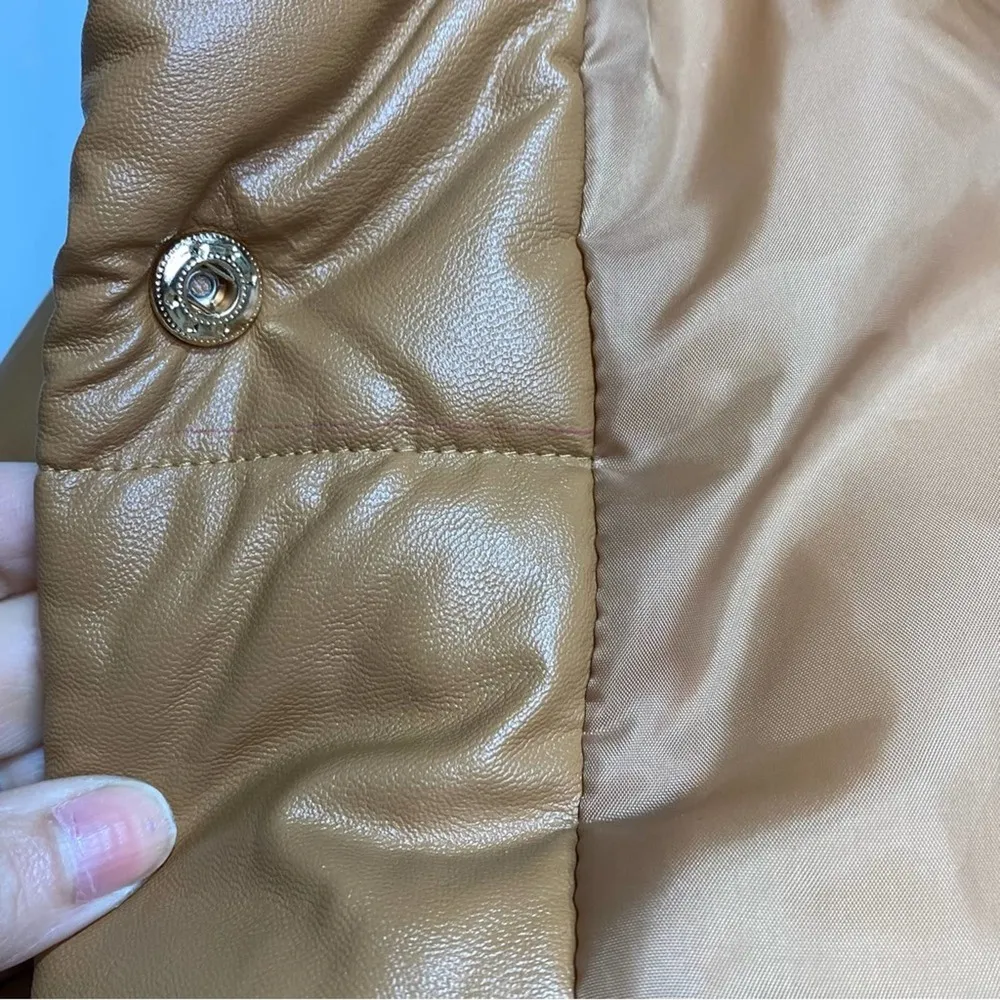 Lioness Small Talk Faux Leather Puffer Coat Funnel Neck Camel XXS - Image 7