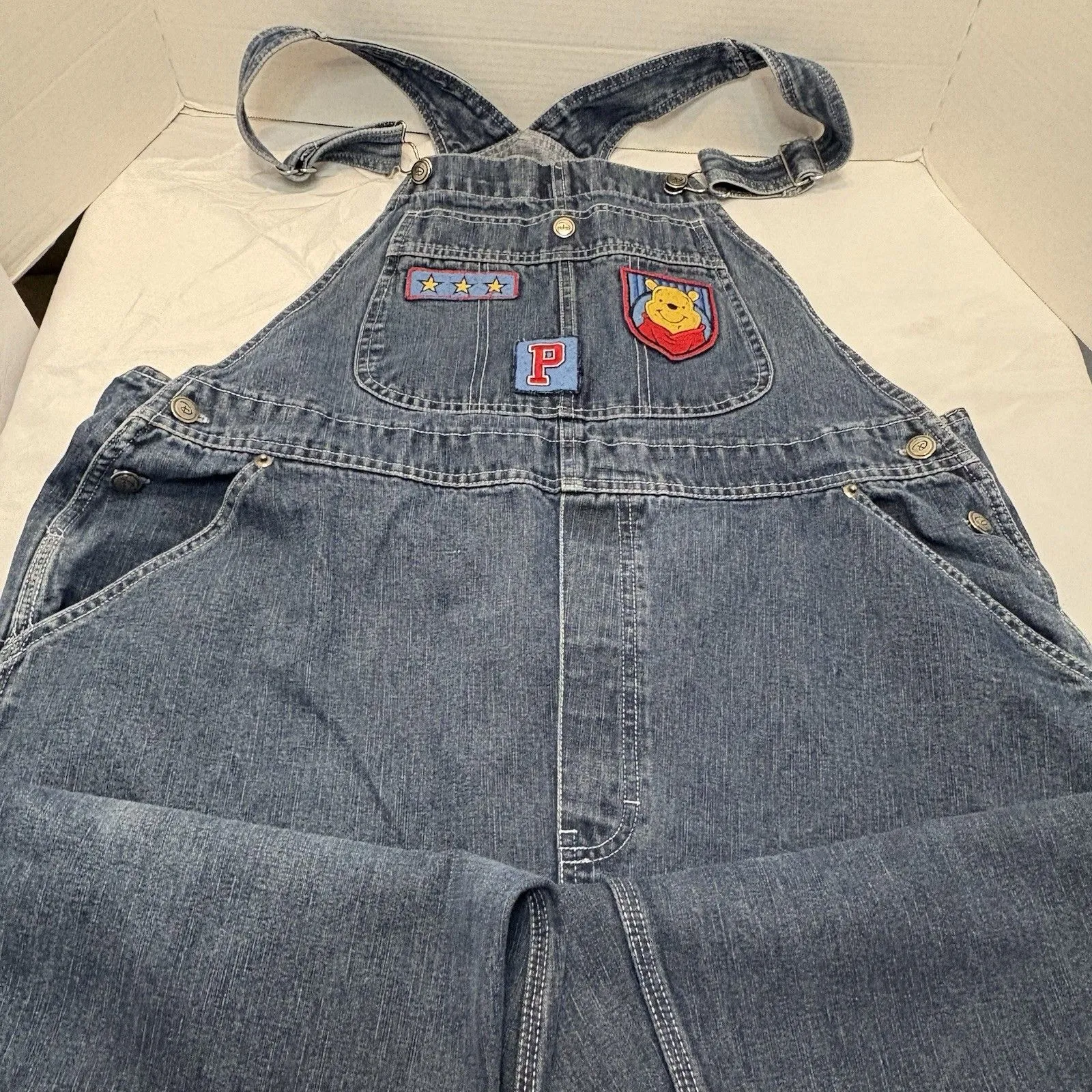 Disney Vtg 90s Pooh Denim Jean Bib Overalls Dungarees Embroidered XL - Image 3