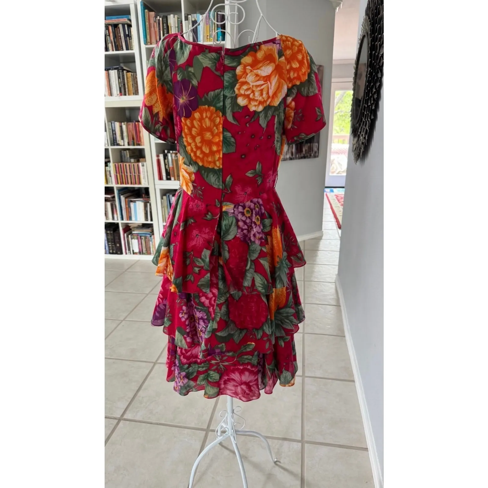 Vintage William Pearson Floral Tiered Tulle Midi Dress Short Sleeve Layers Sz 10 - Image 4