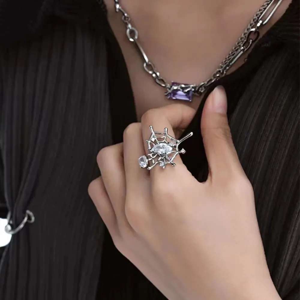 Korean Vintage Zircon Spider Web Silver Open Ring - Image 7