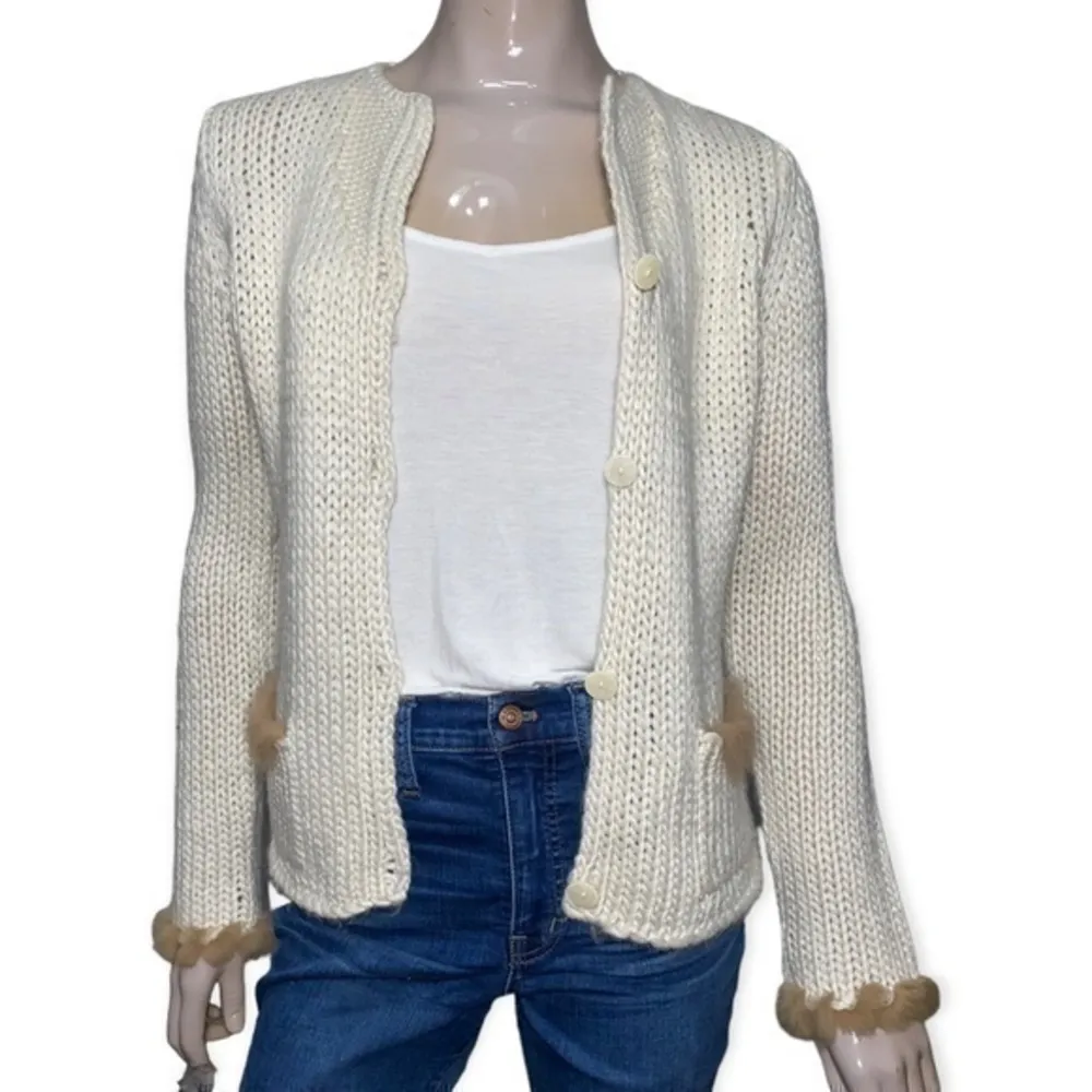 Pandemonium Women’s Size S Ivory Rabbit Fur Trim Button Up Pocket Front Cardigan - Image 4