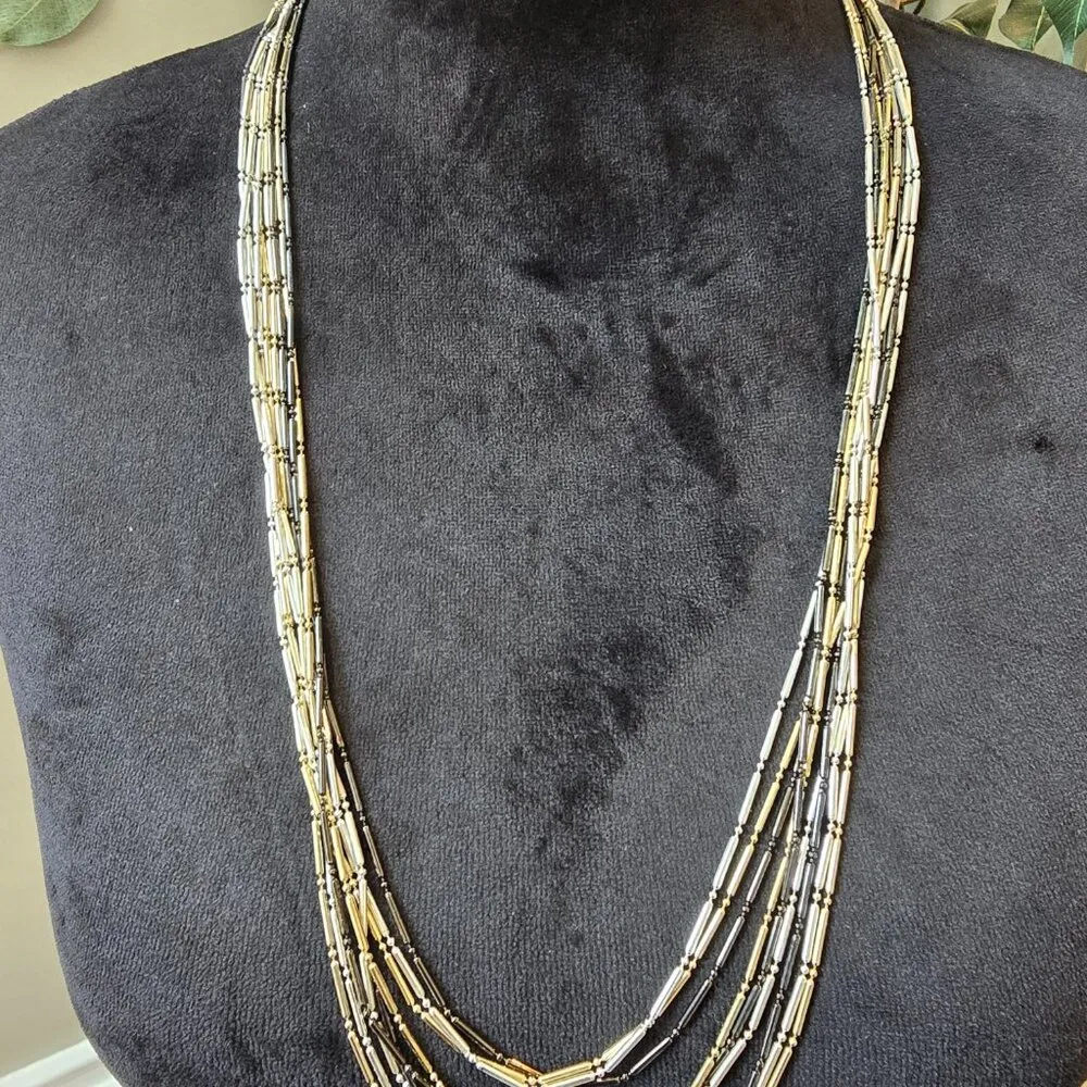 Womens Gold & Silver Tone Black Multiple Layered Chain Necklace w/ Lobster Clasp - Image 2