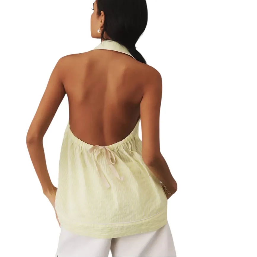 Anthropologie Button Front Halter Swing yellow-lime white stripe blouse top  S - Image 4