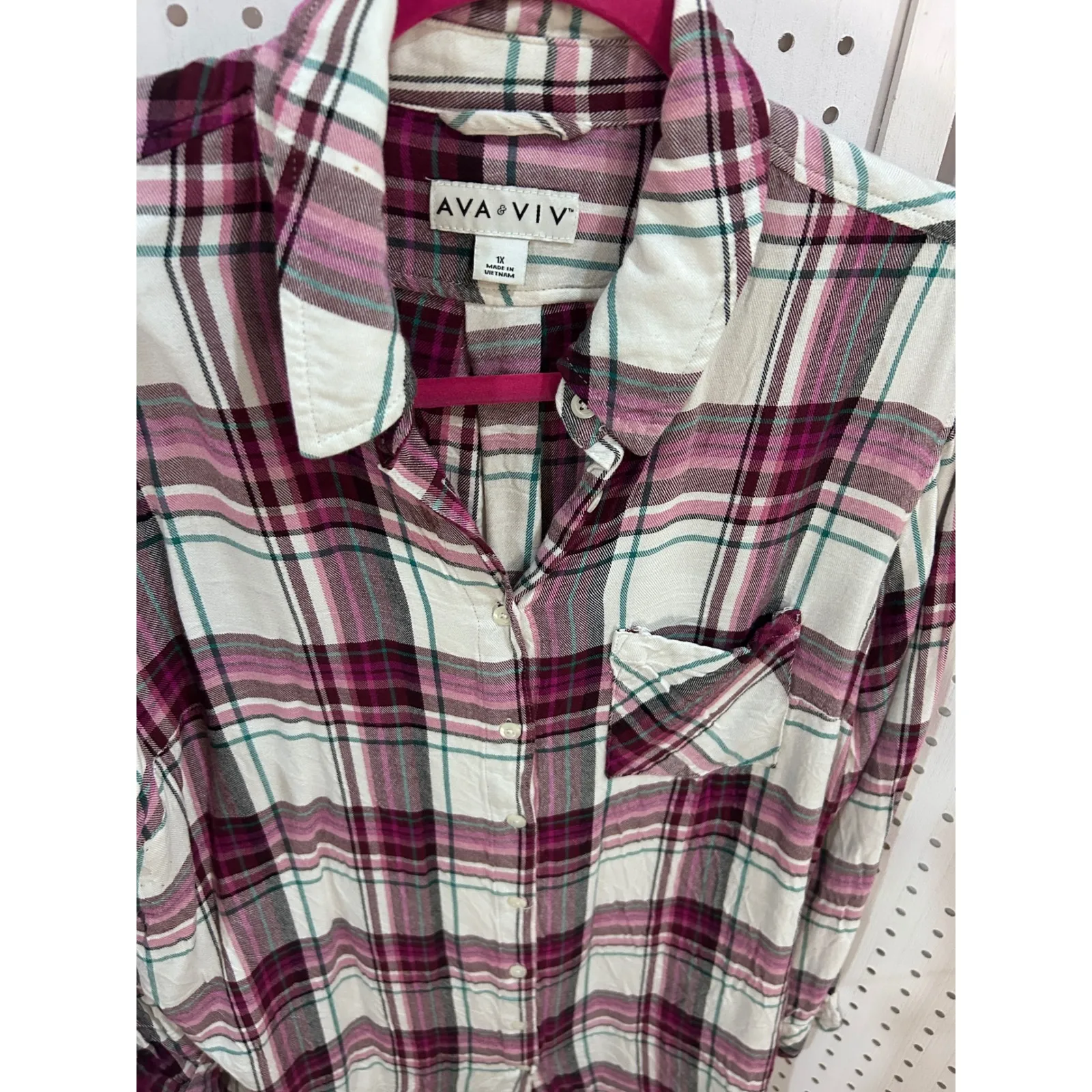 AVA & VIV Plus Size 1X Plaid Long Sleeve Button Up Shirt Purple White Green - Image 3