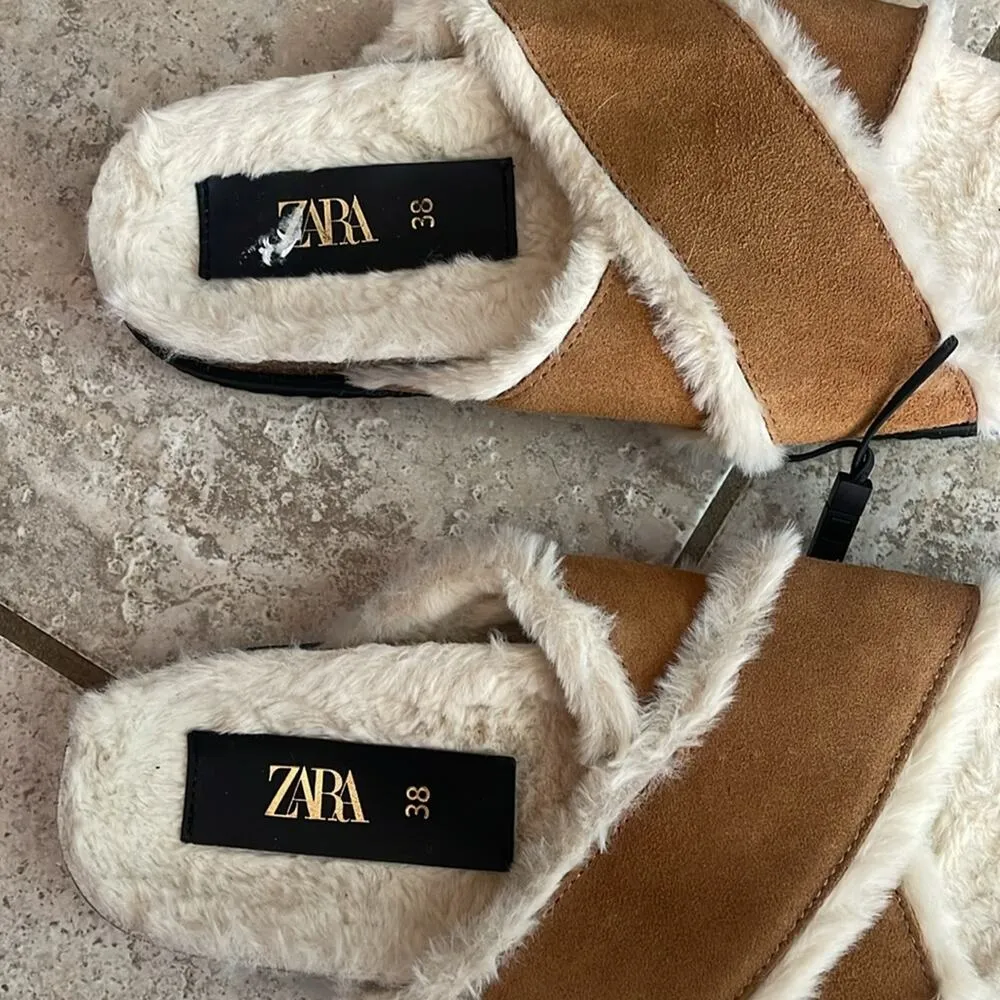 ZARA Faux Fur Lined Leather Slide Sandals - Image 6
