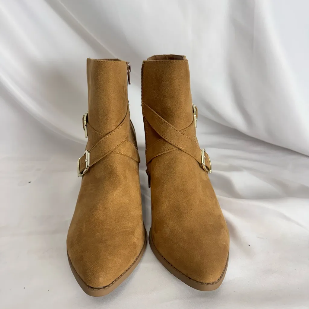 Sun +‎ Stone Tan Suede Ankle Booties with Strap Detail Size 9.5 - Image 4
