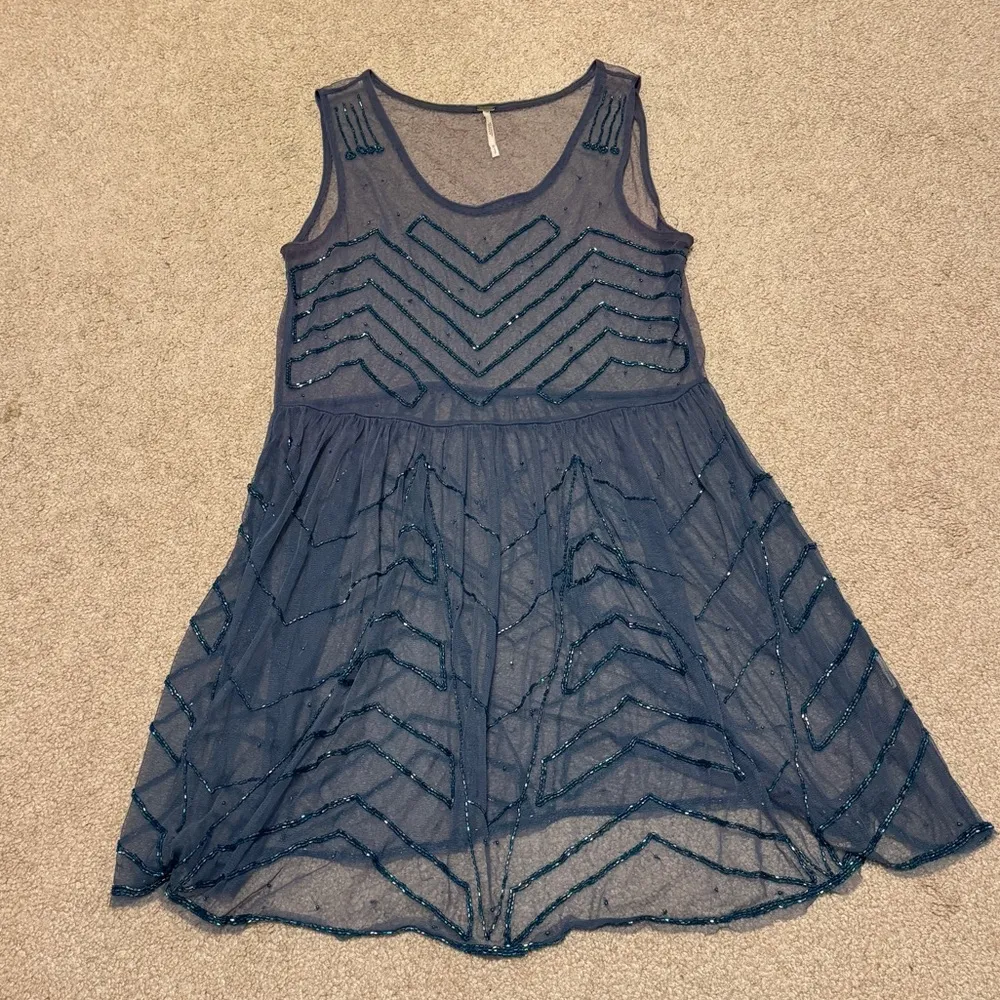 Free People Embellished Mesh Mini Slip Dress Beaded Blue Size Small Boho Sheer - Image 2