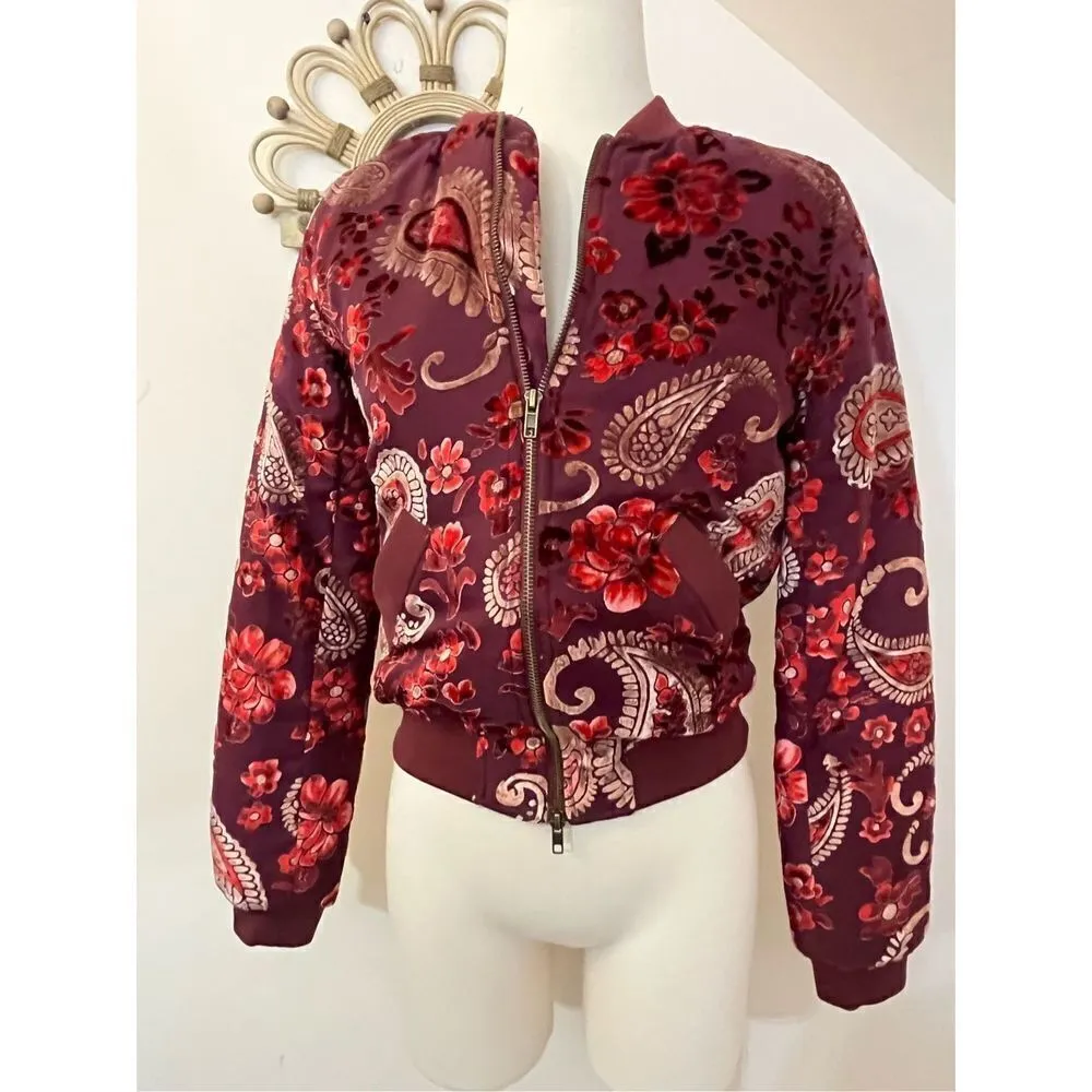 KAS New York Burgundy Velvet Paisley Ashlyn Burnout Bomber Jacket Size XS Purple - Image 4