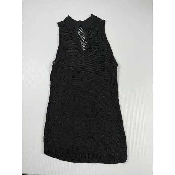 Black Knit Sleeveless Mock Neck‎ top Crochet Mesh See Through Party Cocktail - Image 5