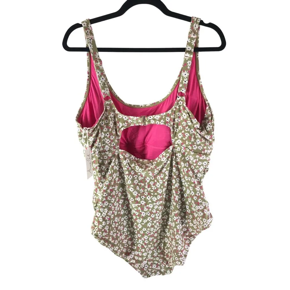 Anne Cole Scoop Neck Shirred Keyhole Back One-Piece Swimsuit Floral Green 22W - Image 3