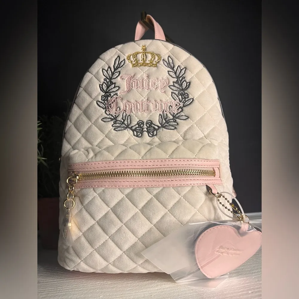 Juicy Couture Royal Moment Quilted Velour Medium Backpack w Pink Heart Charm NWT - Image 2