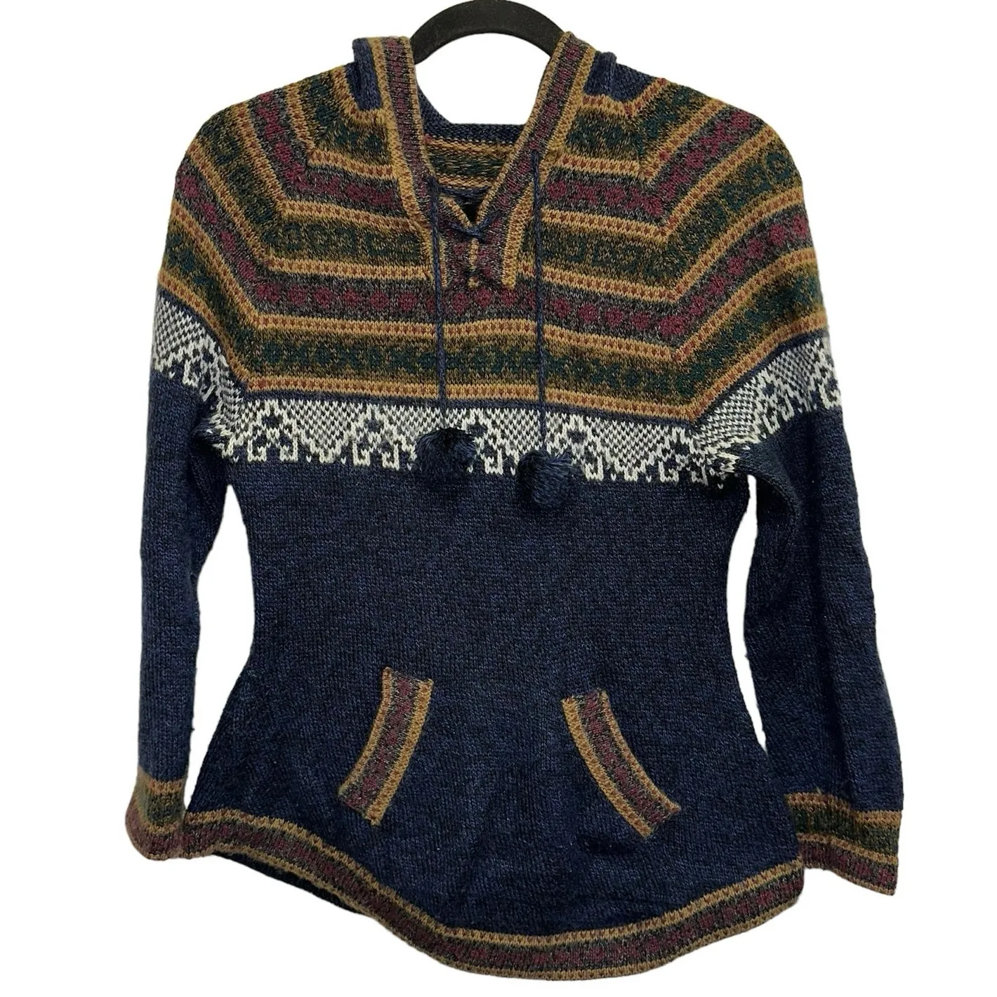 Alpaca Boho Fair Isle Hooded Sweater Pullover w/ Pockets Cozy Festival Style Blue - Image 2