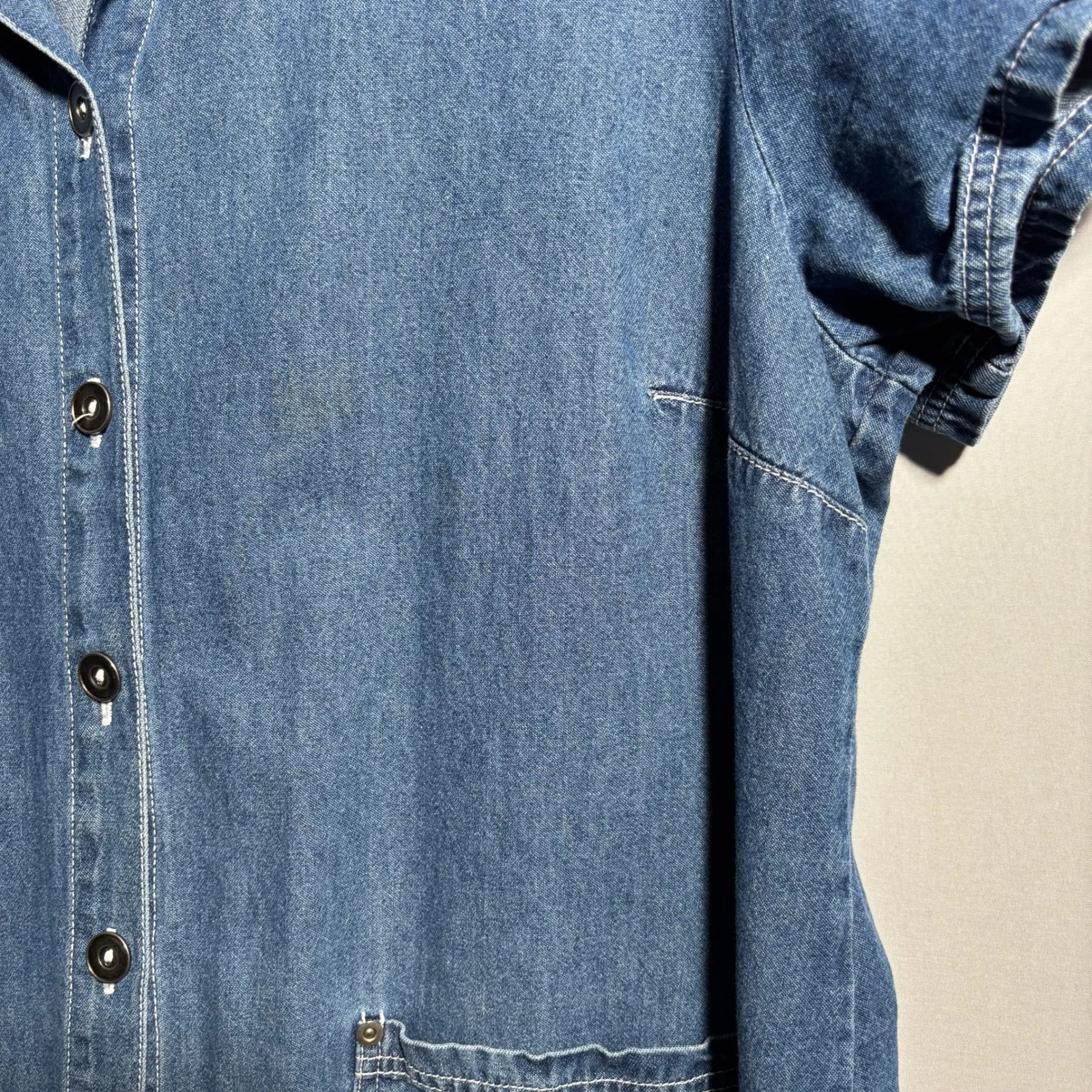 Vintage Faded Glory Denim Button Up Midi Shirt Dress Blue Short Sleeve VTG Sz 16 - Image 5