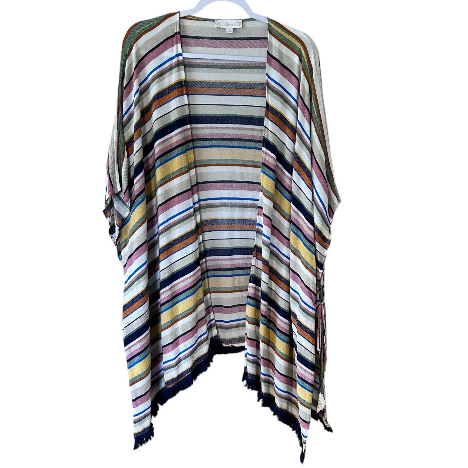 Weekend Suzanne Betro Open Kimono Cape Poncho SZ LG Striped Tie Side Fringe Hem - Image 2