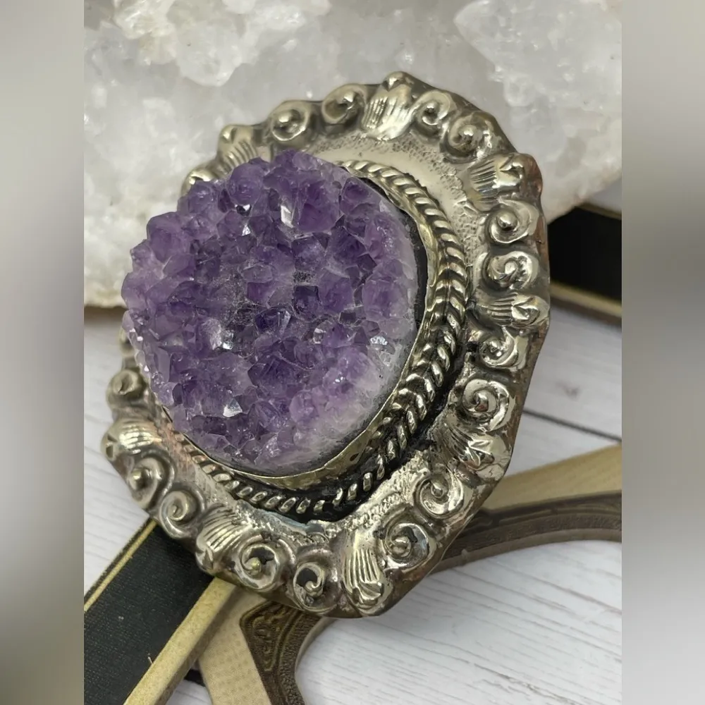 Amethyst  Druzy Adjustable Tibetan Statement Ring 2” Handcarved - Image 4