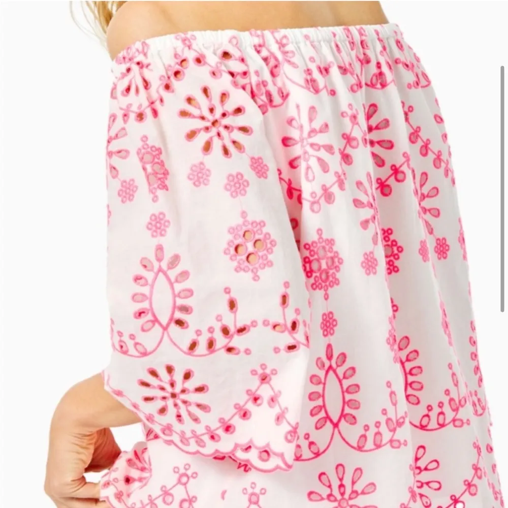 Lilly Pulitzer White Neon Pink Laurenne Off-the-Shoulder Summer Top Shirt XS - Image 3