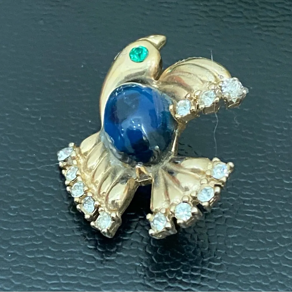 Vintage Unsigned Gold-tone Dove Bird Blue Jelly Belly Brooch Pin - Image 4
