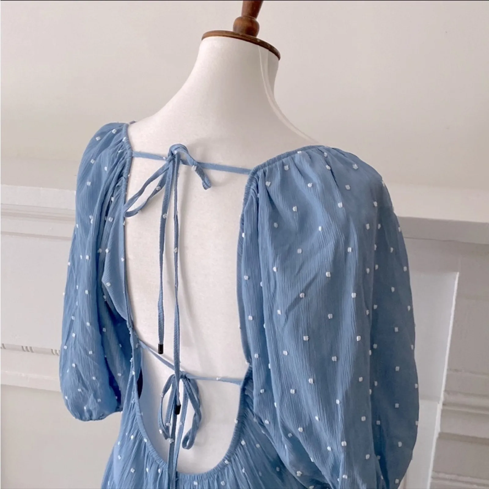 Moon River Medium Midi Dress Anthropologie Dot Cut out tie back Boho Prairie - Image 14