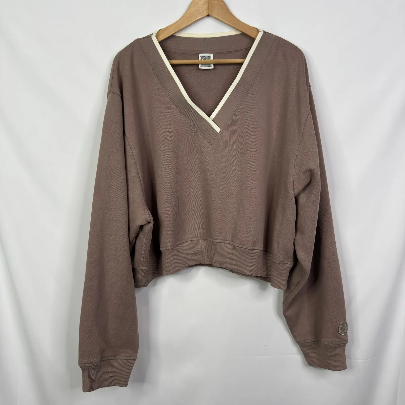 PINK Victoria's Secret Cropped V Neck Sweatshirt Brown XXL - Image 8