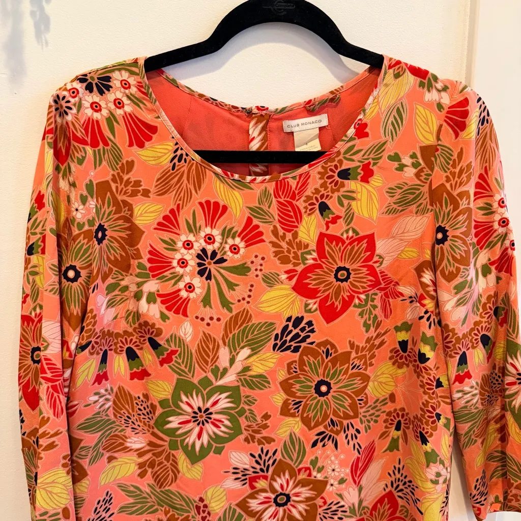 Club Monaco 100% Silk Floral Print 3/4 Sleeve Zip Back Women's Dress Size 6 - Image 6