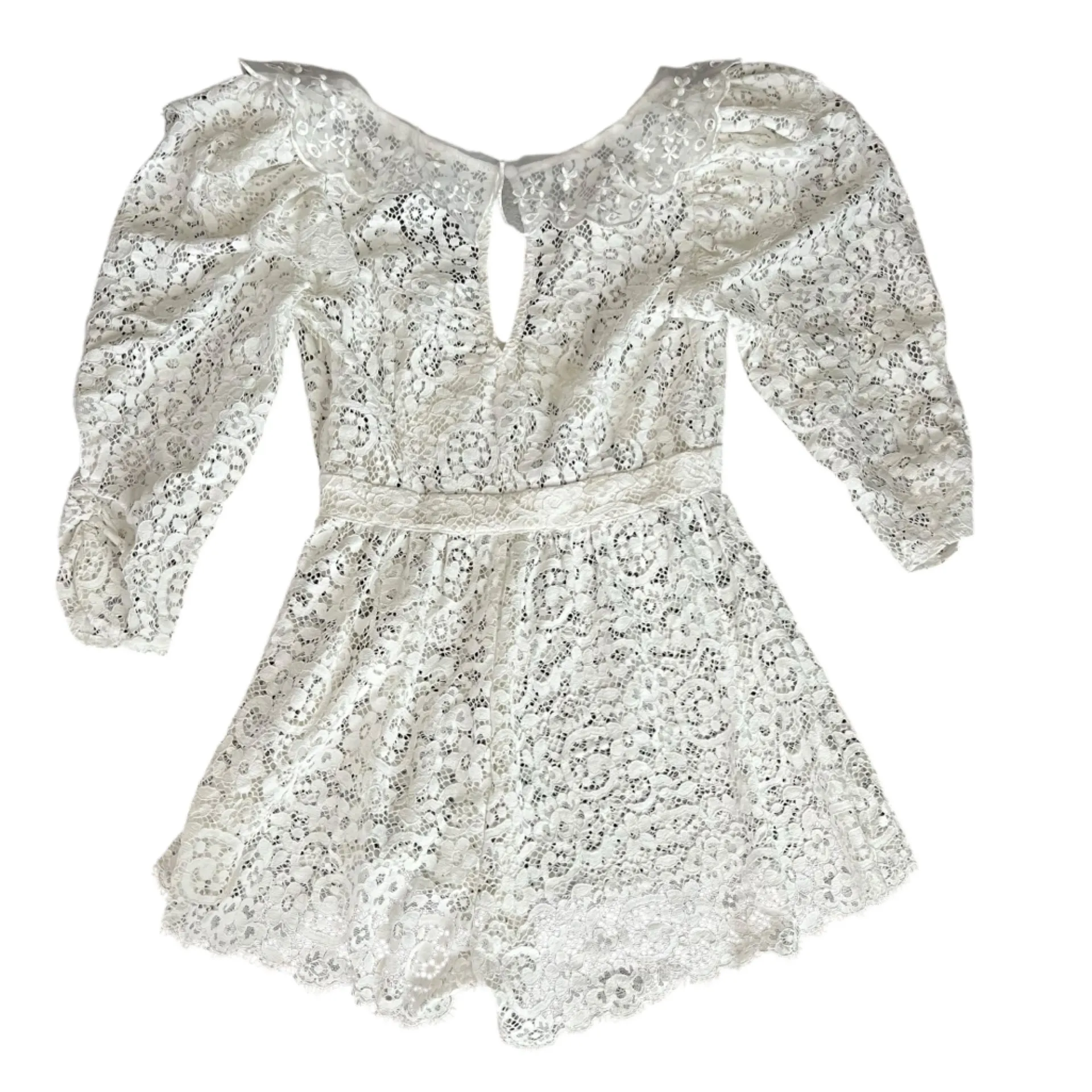 For Love & Lemons Women’s Santo White Lace Puff Sleeve Sheer Shorts Romper M - Image 7