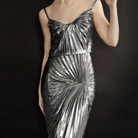 Metallic Silver Maxi‎ Dress Sleeveless Pleated Evening Gown - Image 3