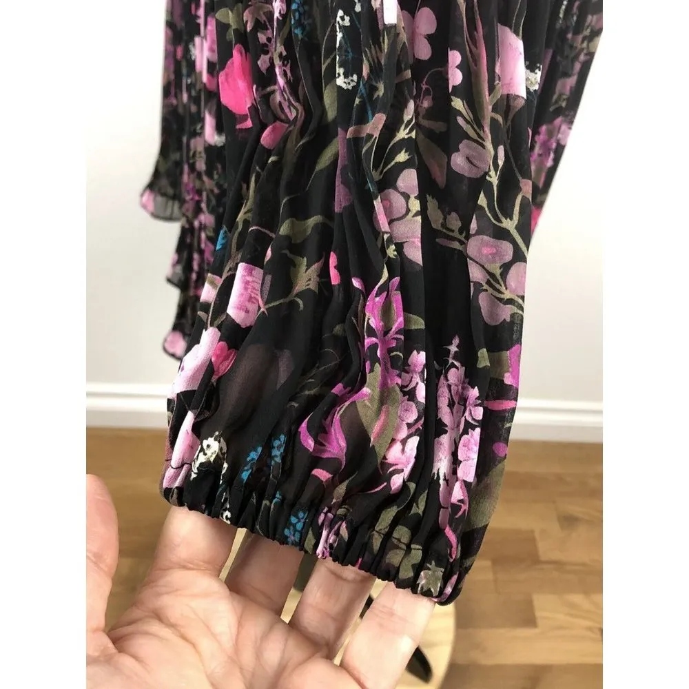 New INC International Concepts Floral Trapeze Swing Dress S Black Pleat Slit Slv - Image 3