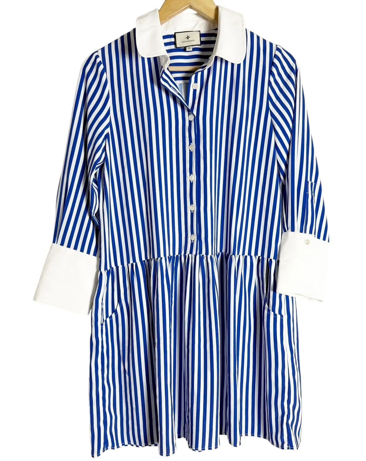 Tuckernuck Hayes Blue White Stripe Drop Waist Button Front Collared Shirt Dress - Image 1