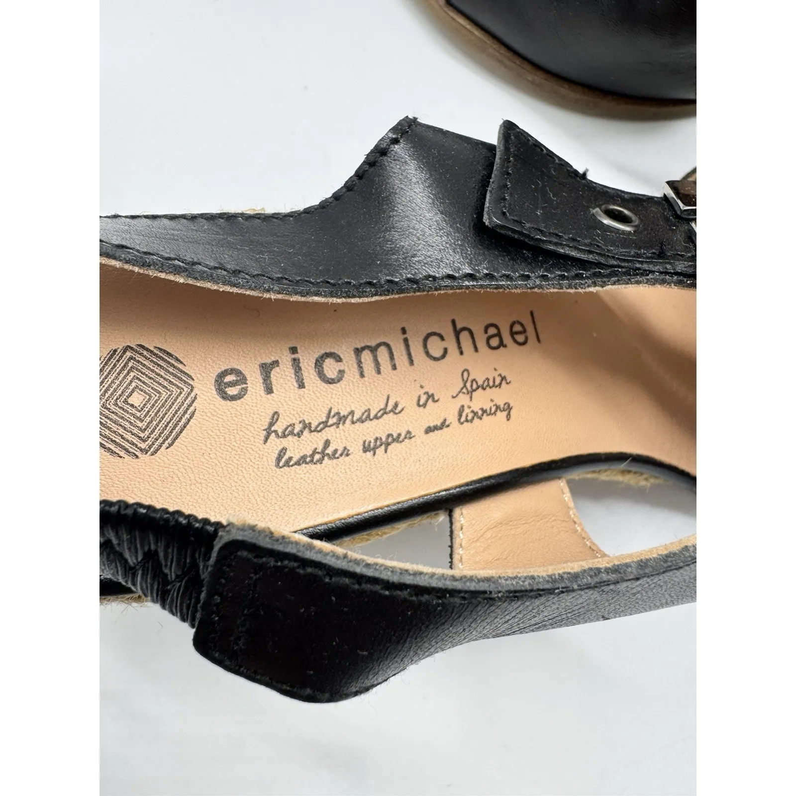 Eric Michael Black Leather Espadrille Wedge Sandals Size 9 Euro 40 Made In Spain - Image 8