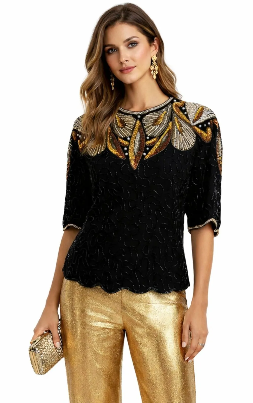 Laurence Kazar Black Beaded & Sequin Top | Silver & Gold Detail | Size M - Image 1