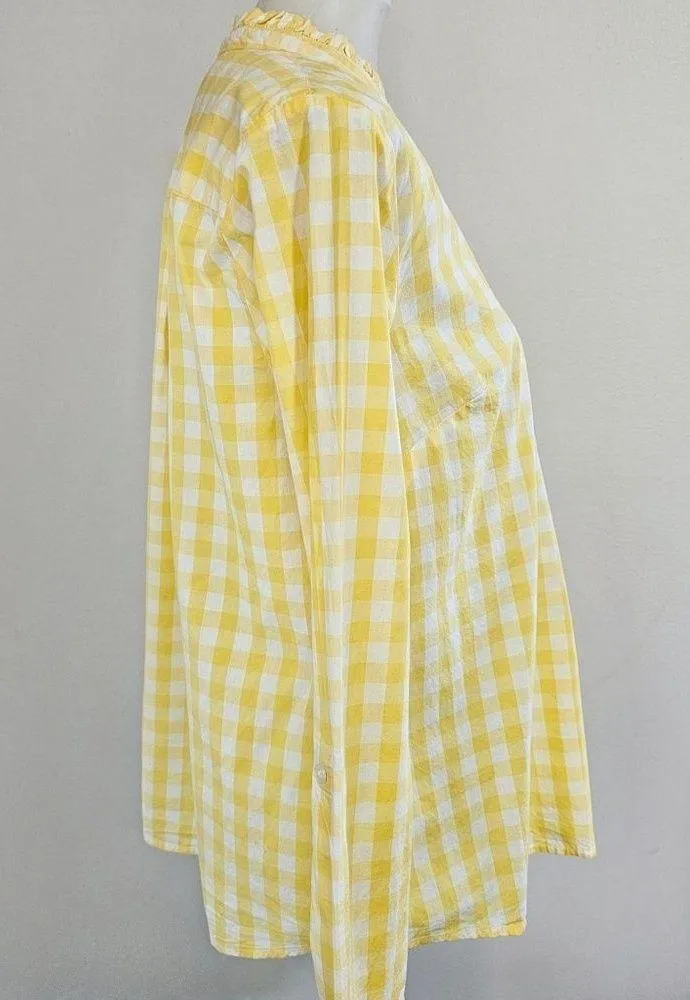 Kim Rogers Yellow & White Gingham Ruffle Neck Roll Tab Blouse Size MP - Image 3