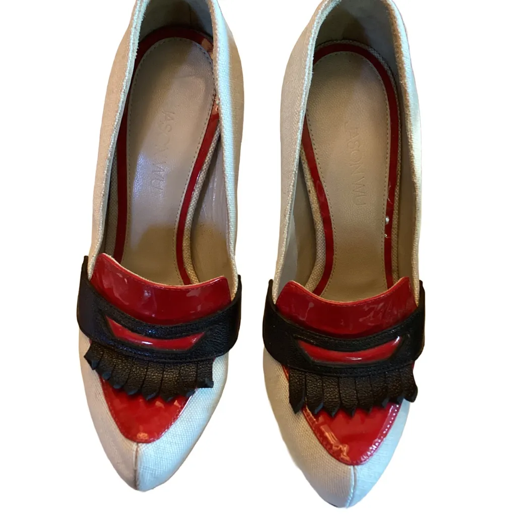 JASON WU LINEN ECRU W/RED & BLACK LEATHER HEELED LOAFERS (36) - Image 6